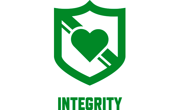Green logo featuring a shield with a heart in the center and a diagonal stripe, with the word INTEGRITY written below in bold capital letters.