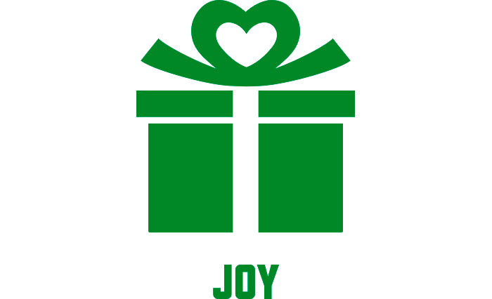 Green logo featuring a gift box wrapped with a heart-shaped ribbon bow, with the word JOY written below in bold capital letters.