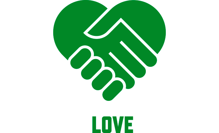 Green logo featuring two hands shaking to form the shape of a heart, with the word LOVE written below in bold capital letters.