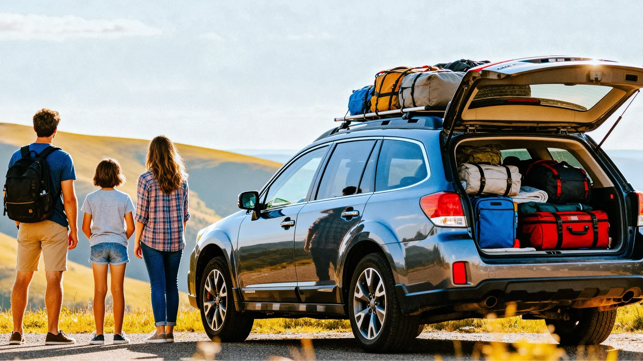Family standing beside a loaded SUV overlooking a scenic landscape during a road trip
