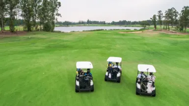 3 golf carts on a golf course