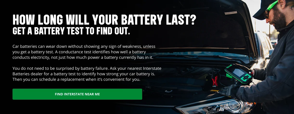 Car battery being tested under an open hood with on-screen text promoting battery testing services